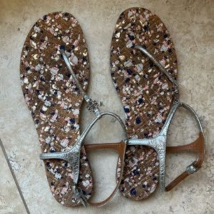 Silver Emmy Sandals Size 8 1/2 with confetti bottom. Leather. Only worn once.